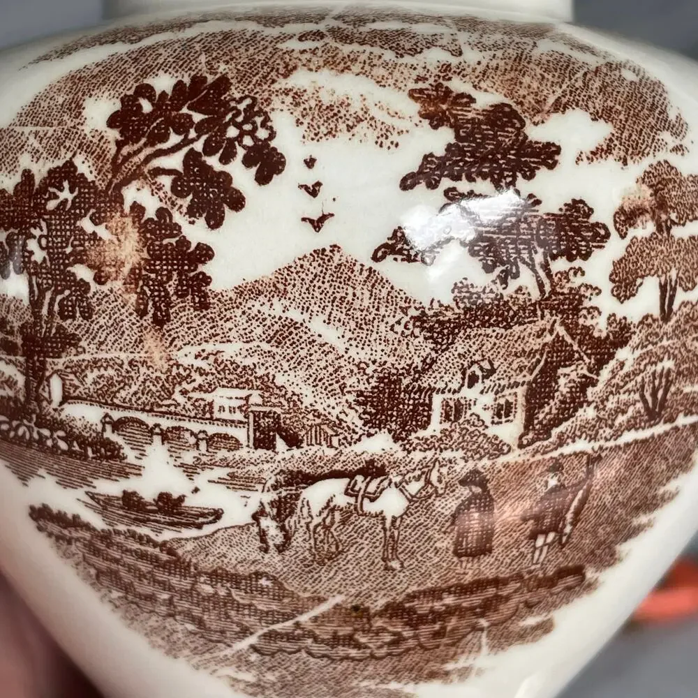 Brown Transferware Ironstone Pitcher & Plate Pastoral Vintage Small FLAWED